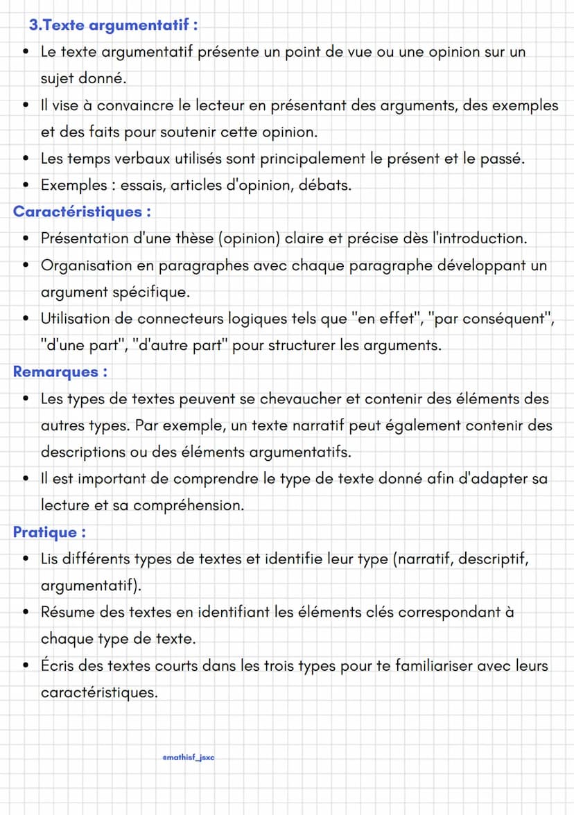 emathisf_jsxc
Français
Les types de textes
Les textes peuvent être classés en trois types principaux : narratif, descriptif et
argumentatif.