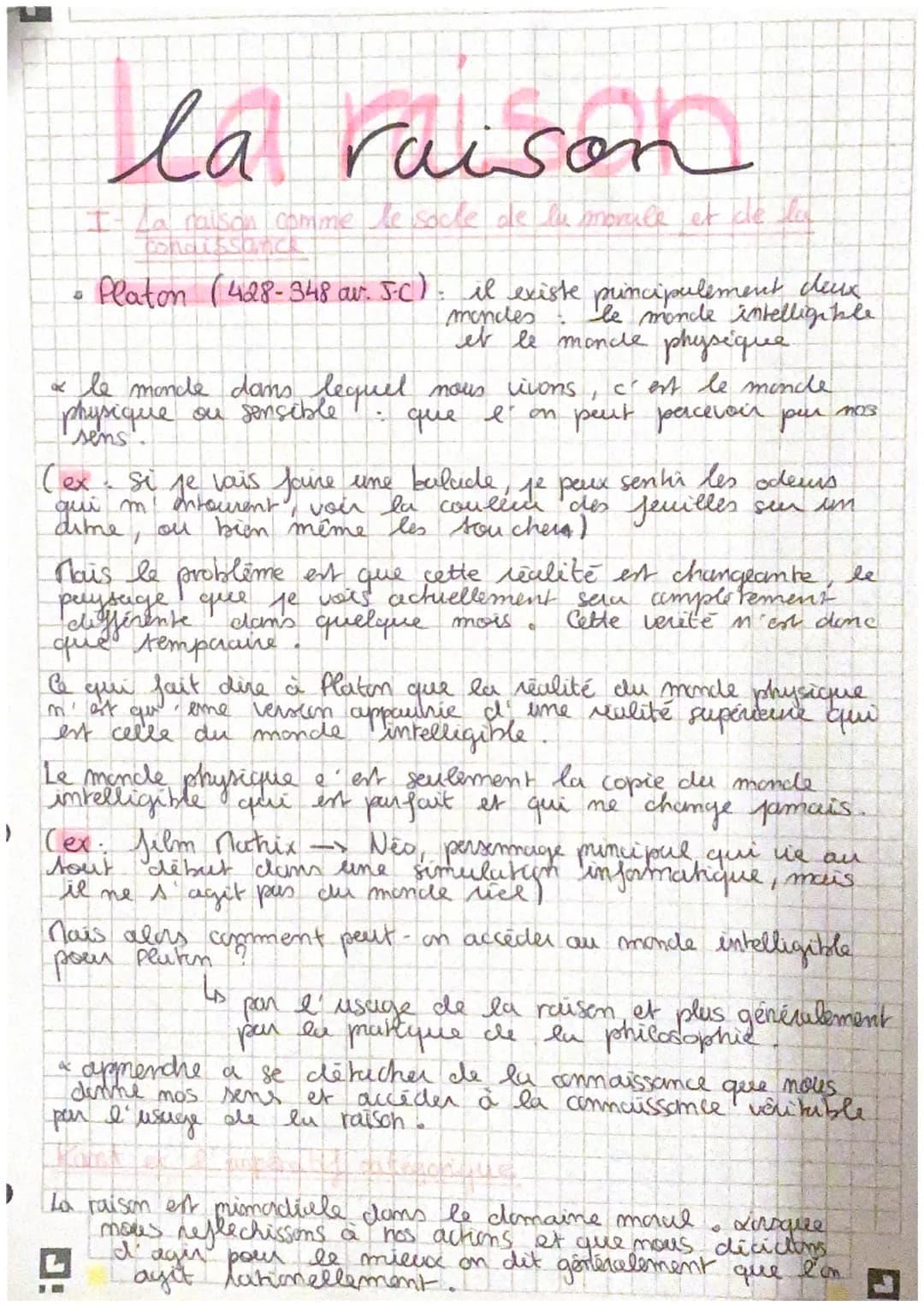 la raison
I La raison comme le socle de la morale et de la
Condissance
Platon (428-348 av. 5.C). il existe principalement deux
le monde inte