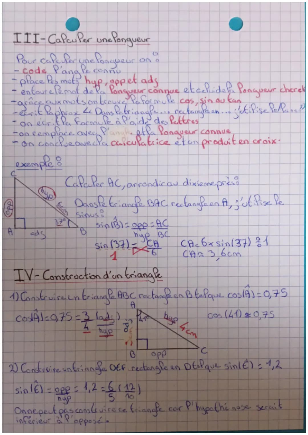 MATHS
Cosinus, sinus, tangente d'un angle aigu
I-Vocabulaire
A
B [AB] côté ad acent
hypothenuse [CBS
[AB] côte opposé
II-Formules trigonomét