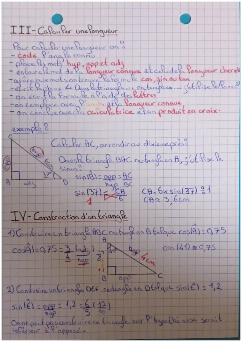 MATHS
Cosinus, sinus, tangente d'un angle aigu
I-Vocabulaire
A
B [AB] côté ad acent
hypothenuse [CBS
[AB] côte opposé
II-Formules trigonomét