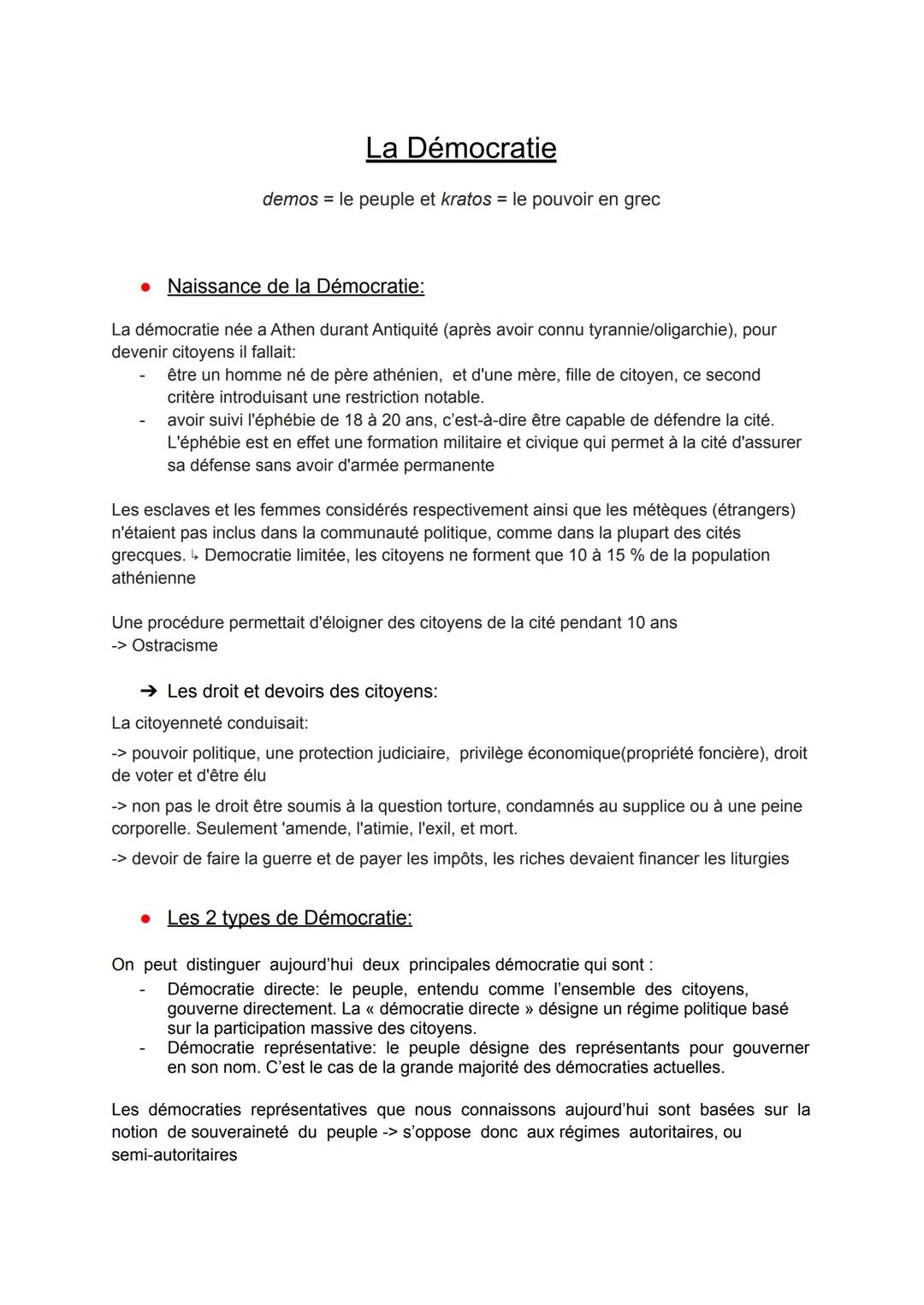 La Démocratie
demos = le peuple et kratos = le pouvoir en grec
• Naissance de la Démocratie:
La démocratie née a Athen durant Antiquité (apr