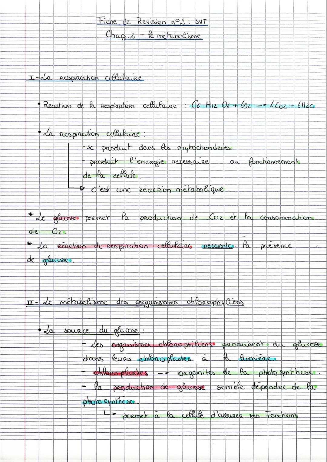 Fiche de Revision n°2 SUT
Chap. 2 le metabolisme
I-va Respiration cellulaire
• Reaction de la Respiration cellulare: C6 H12 O6 + 602 - 6 CO₂