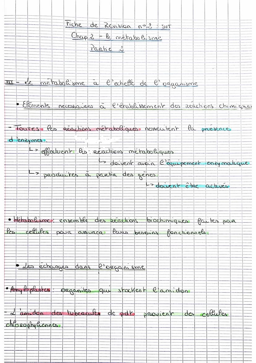 Fiche de Revision n°2 SUT
Chap. 2 le metabolisme
I-va Respiration cellulaire
• Reaction de la Respiration cellulare: C6 H12 O6 + 602 - 6 CO₂