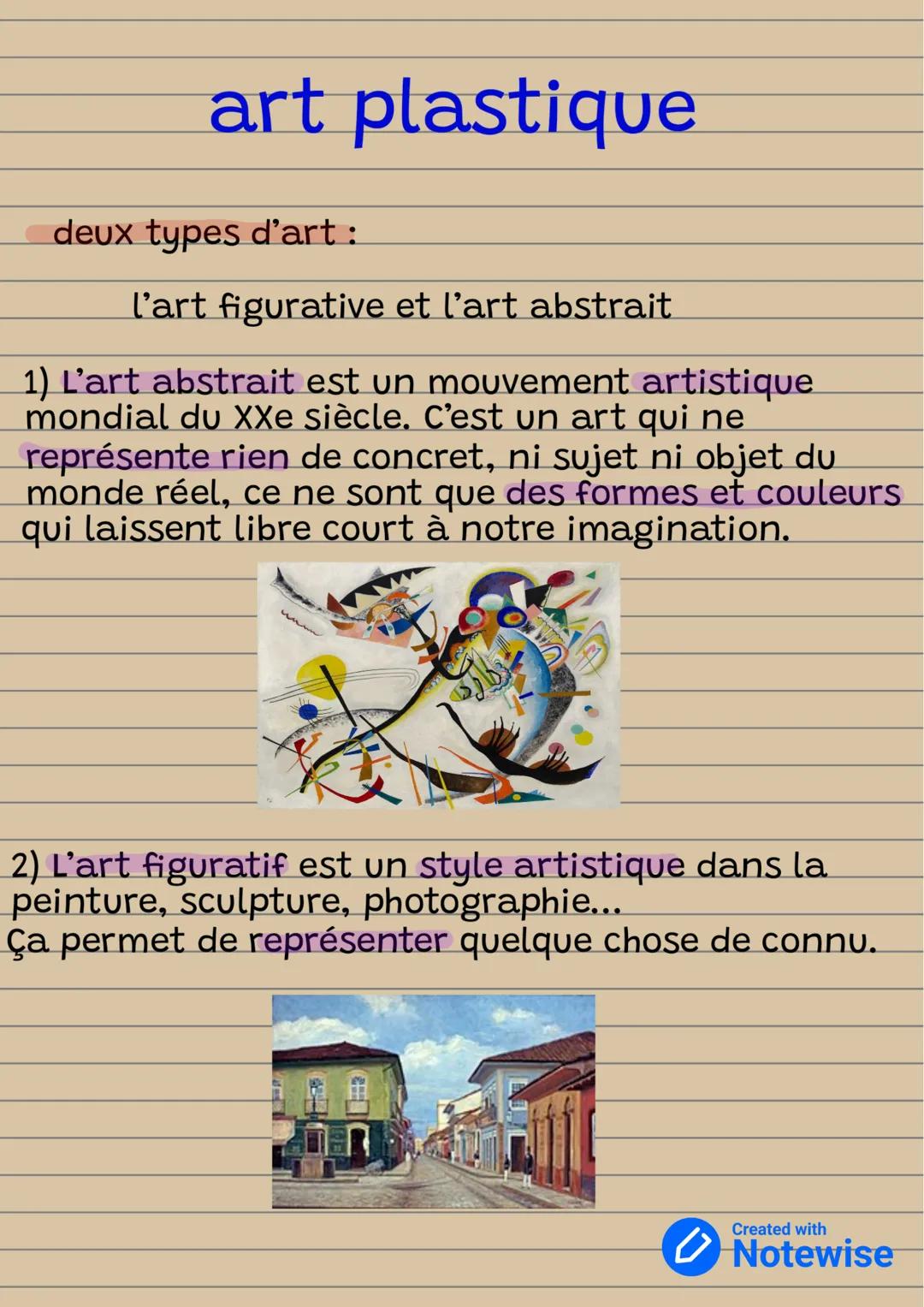 # art plastique

- deux types d'art :

l'art figurative et l'art abstrait

1) L'art abstrait est un mouvement artistique
mondial du XXe sièc
