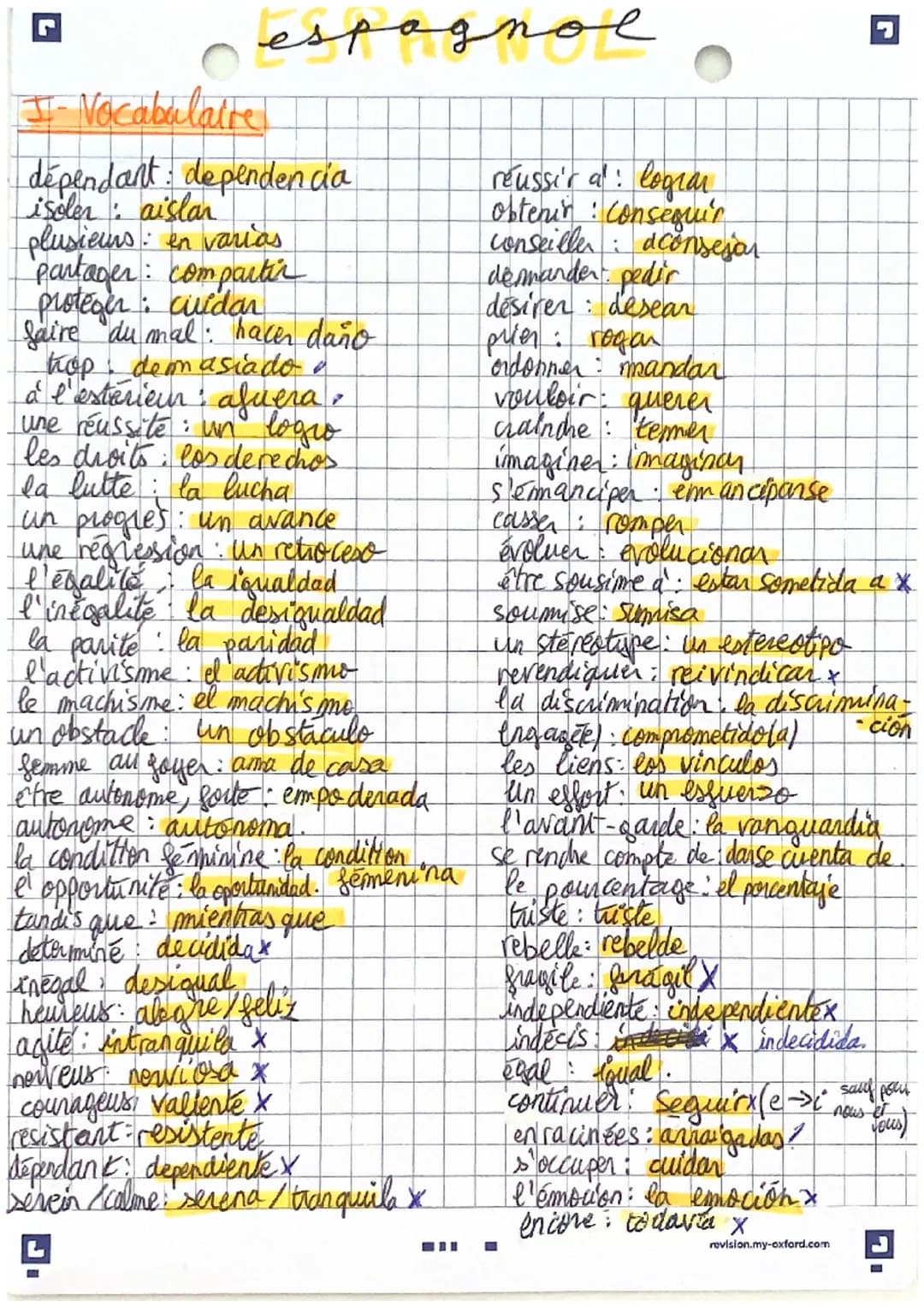 espagnol
I- Vocabulaire
dépendant: dependencia
isoler: aislar
plusieurs en varias
4
partager compartir
proteger cuidar
saire dumal: hacer da