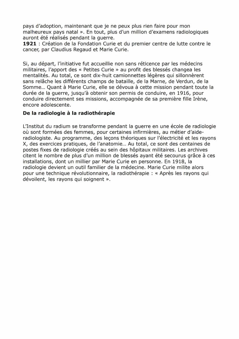 Introduction
En 1914, Marie Curie est une scientifique mondialement reconnue, qui a reçu
deux fois le prix Nobel, une fois en physique (1903