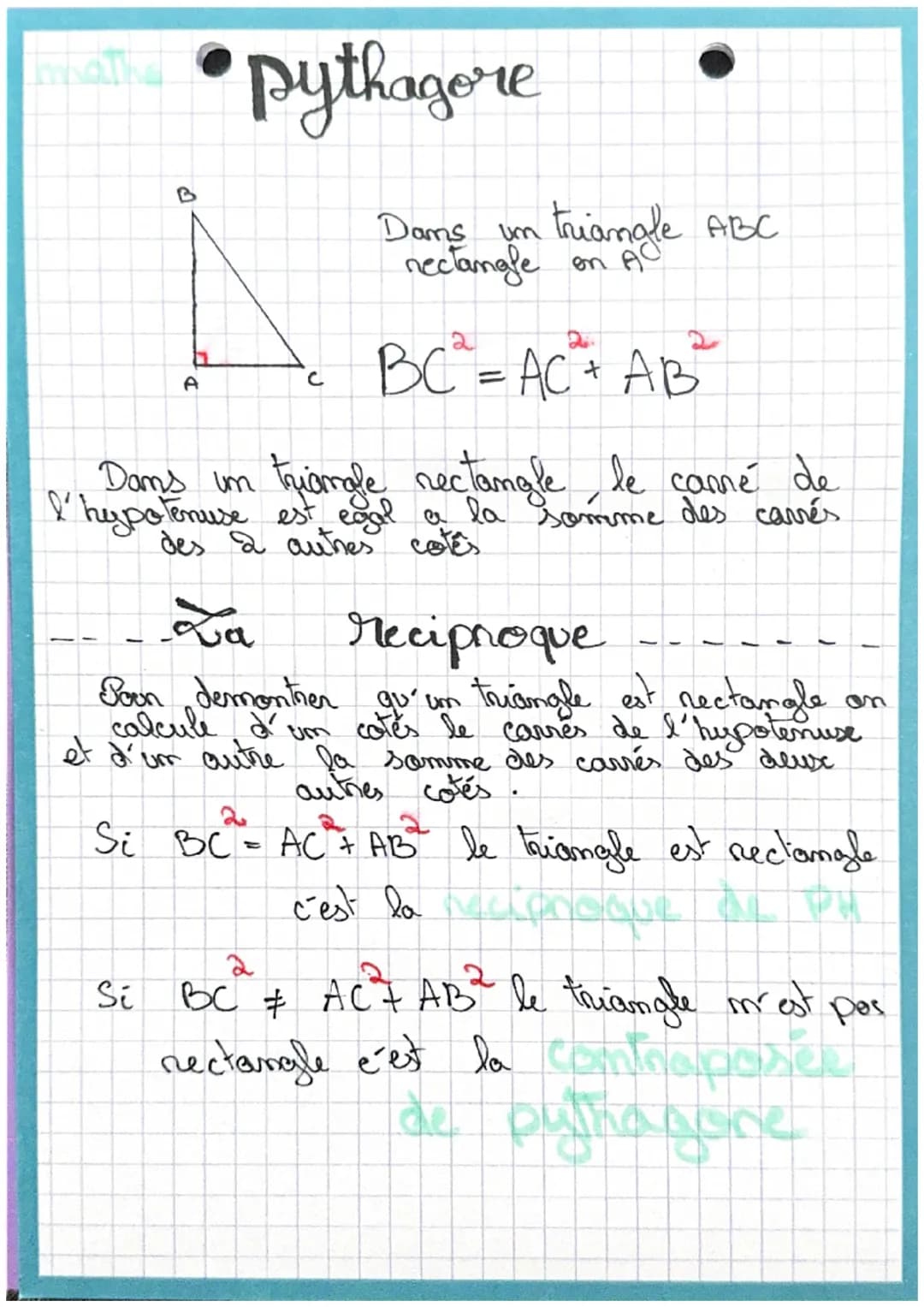 B
•pythagore
A
C
Dams un trianale ABC
nectangle on AC
BC² = AC₁ = AB²
Dams un triangle rectangle, le camé de
l'hypotenuse est egal a la somm