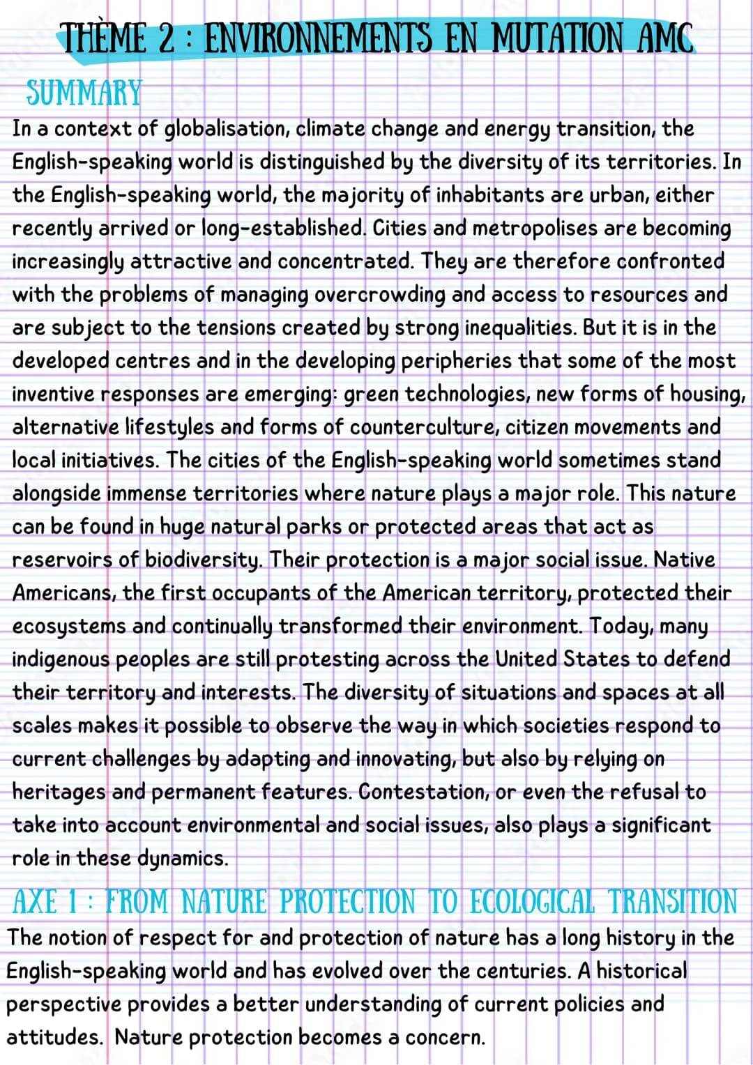 THEME 2 ENVIRONNEMENTS EN MUTATION AMC
SUMMARY
In a context of globalisation, climate change and energy transition, the
English-speaking wor