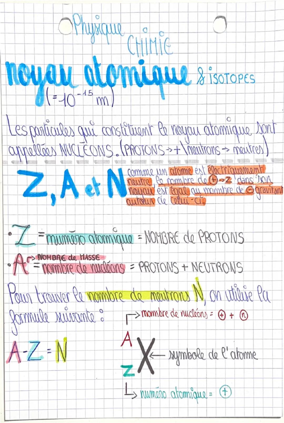# Physique Chimie

noyau atomique & isotopes
(=10-15 m)

Les particules qui constituent le noyau atomique sont
appellées NUCICONS. (PROTONS>
