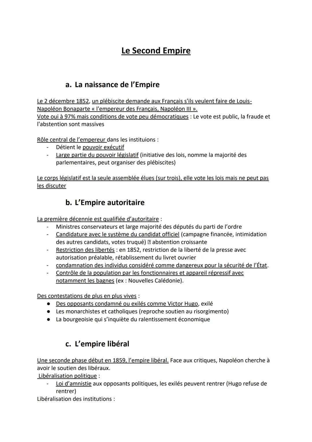 Le Second Empire
a. La naissance de l'Empire
Le 2 décembre 1852, un plébiscite demande aux Français s'ils veulent faire de Louis-
Napoléon B