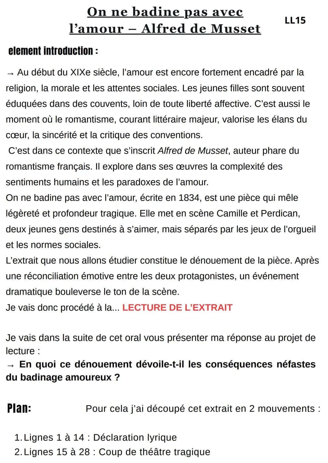 On ne badine pas avec
l'amour - Alfred de Musset
LL15
element introduction:
→ Au début du XIXe siècle, l'amour est encore fortement encadré 