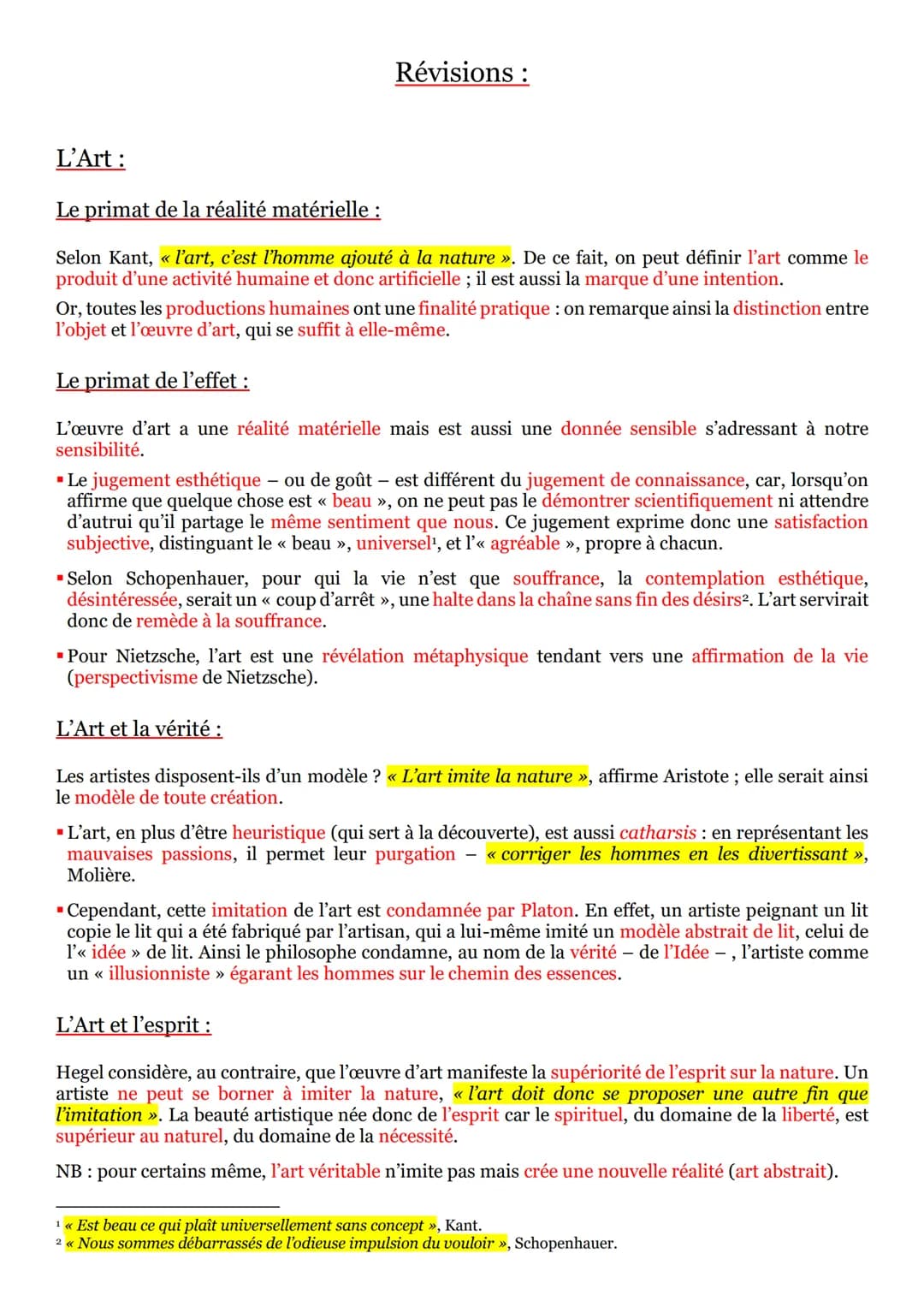 Révisions :
L'Art :
Le primat de la réalité matérielle :
Selon Kant, << l'art, c'est l'homme ajouté à la nature ». De ce fait, on peut défin