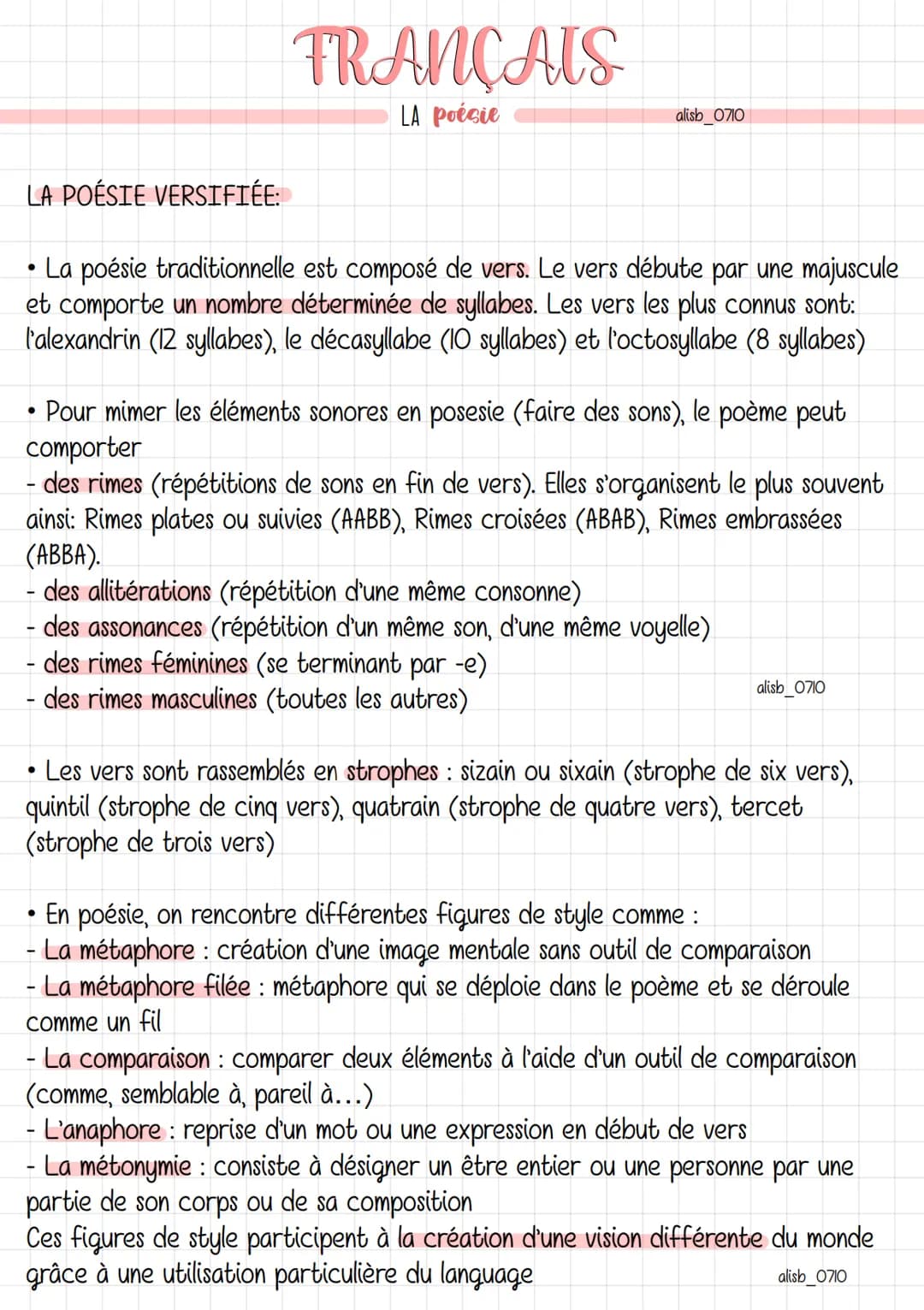 
<p>La poésie traditionnelle est composée de vers. Chaque vers débute par une majuscule et comporte un nombre déterminé de syllabes. Les ver