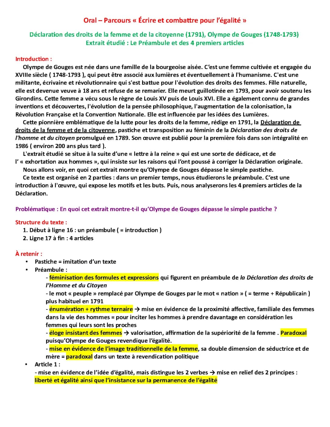 Analyse Linéaire Olympe de Gouges : Déclaration des Droits de la Femme