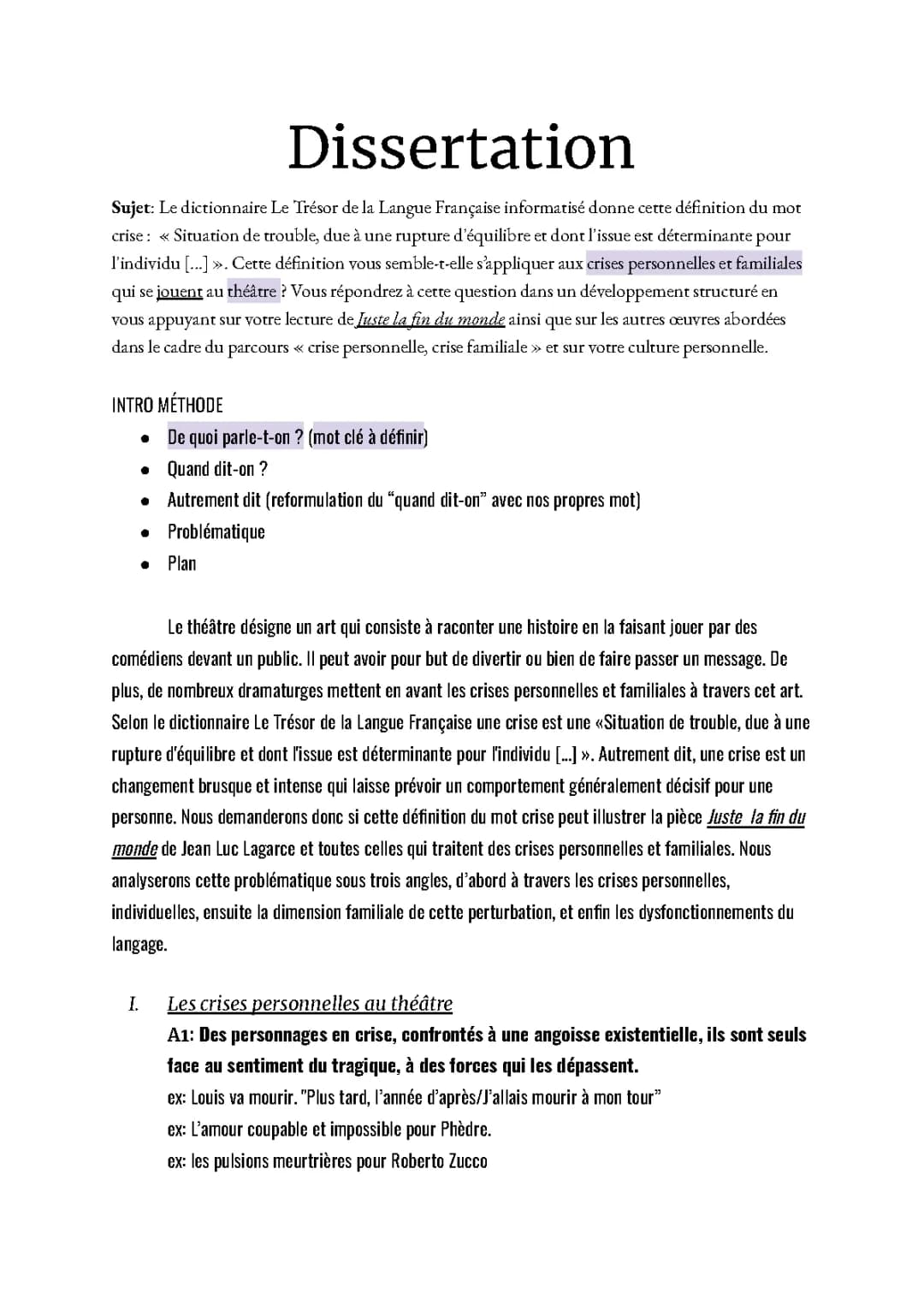 Sujet Dissertation Juste la Fin du Monde Corrigé PDF: Crise Personnelle, Crise Familiale Exemple et Plan