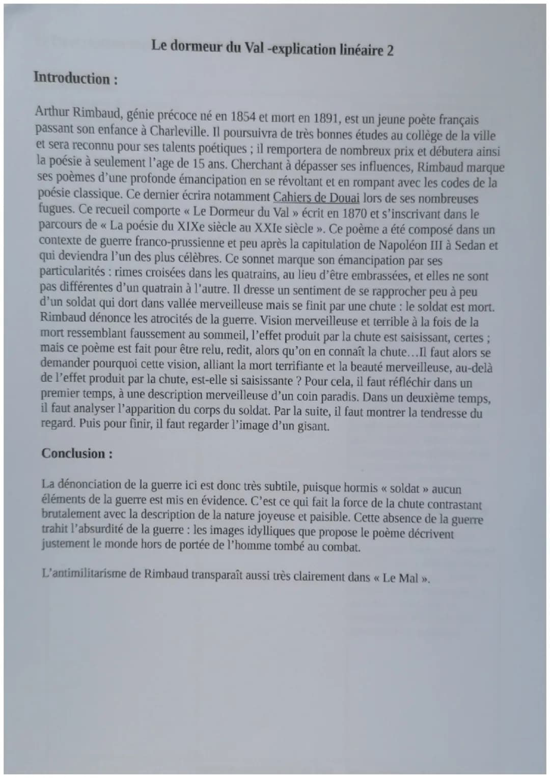 "Le Dormeur du val"
Cette vision, alliant la mort terrifiante et la beauté merveilleuse, au-delà de l'effet
produit par la chute, est-elle s