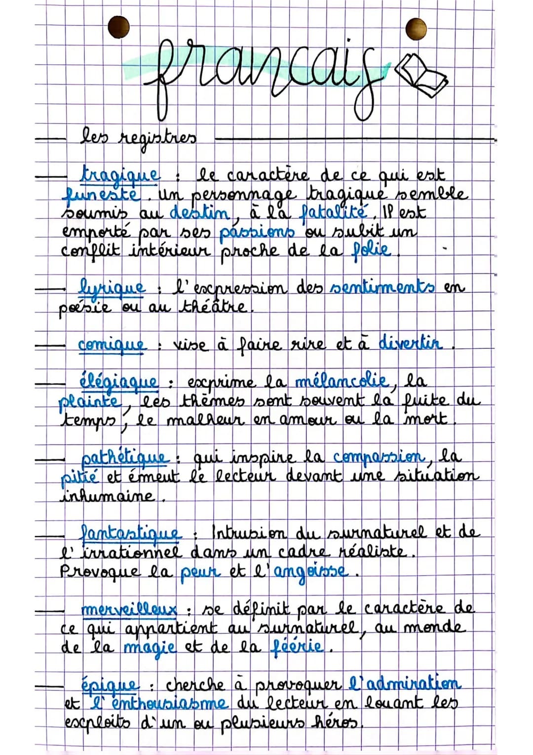 francais
les registres
tragique
le caractère de ce qui est
funeste un personnage tragique semble
soumis au destin, à la fatalité. Il est
emp