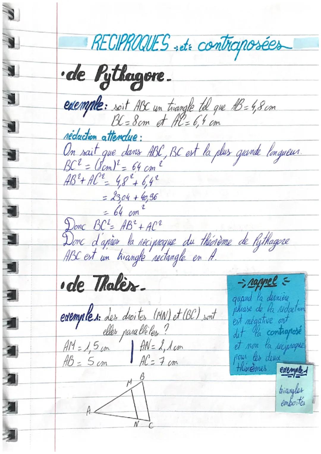 RECIPROQUES set : contraposées
· de Pythagore.
exemple: soit ABC un triangle tel que AB = 4,8 cm
BC = 8cm et Al = 6,4 cm
nédaction attendue: