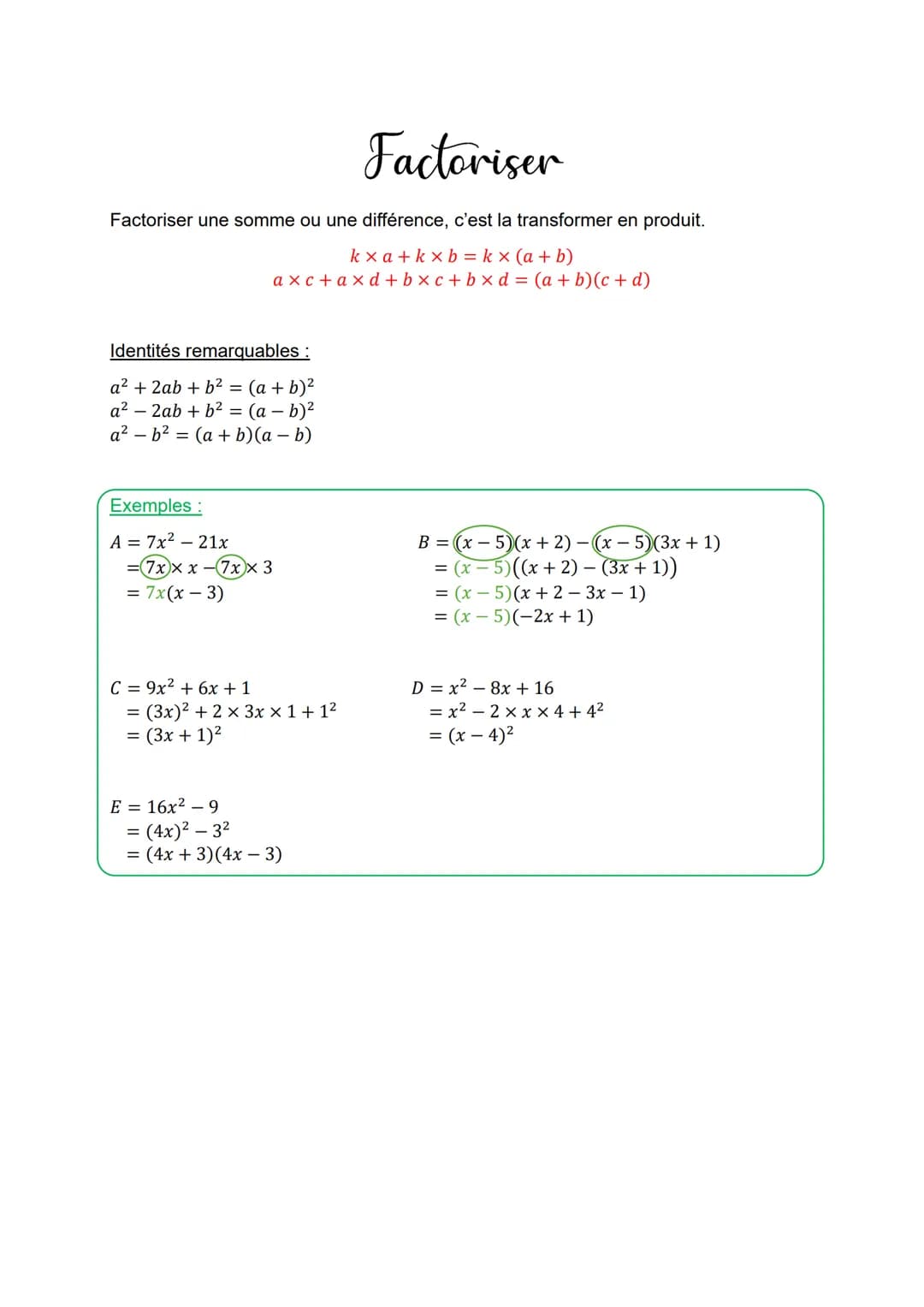 Factoriser
Factoriser une somme ou une différence, c'est la transformer en produit.
kxa+kxb=kx (a+b)
axc+axd+bxc+bxd = (a + b)(c + d)
Identi