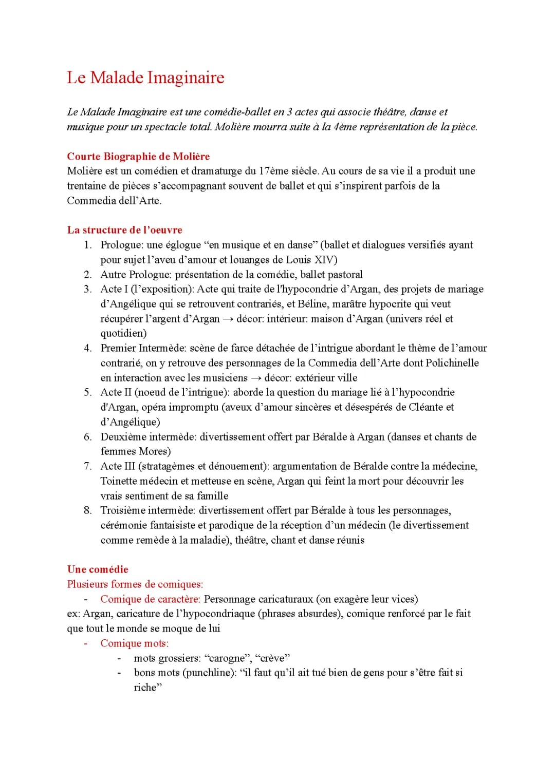 Fiche de lecture PDF Le Malade Imaginaire - Résumé, Analyse et Dissertation
