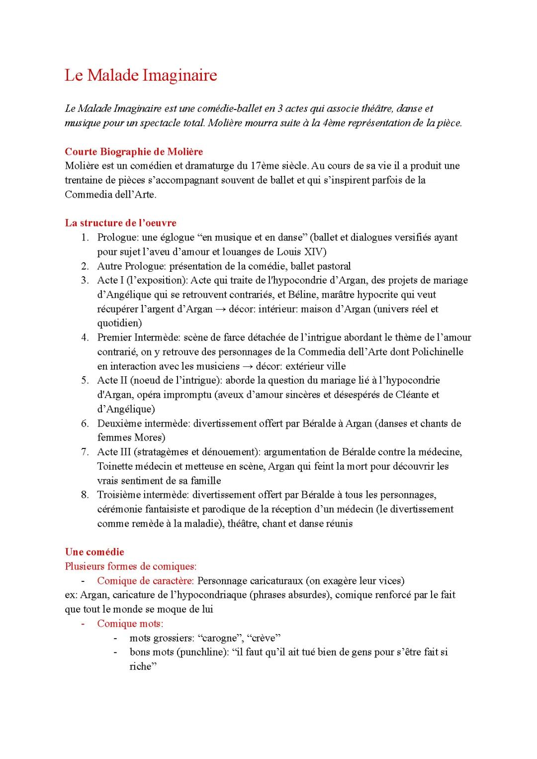 Fiche de lecture PDF Le Malade Imaginaire - Résumé, Analyse et Dissertation