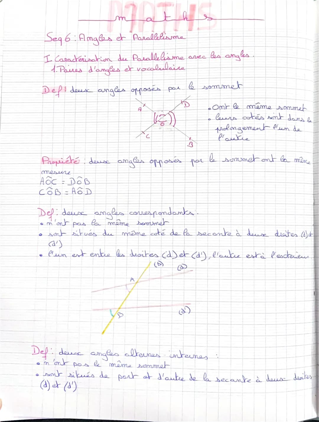 Seg 6: Angles et Parallelisme
0
I Caractérisation du Parallelisme avec les angles.
1. Paires d'angles et vocabulaire
AOC DOB
COB AOD
ma Fas
