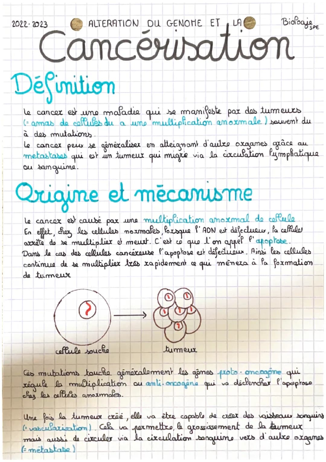 2022 2023
ALTERATION DU GENOME ET LA
Cancérisation
Définition
le cancer est une maladie qui se manifeste par des tumeurs
(= amas de cellules