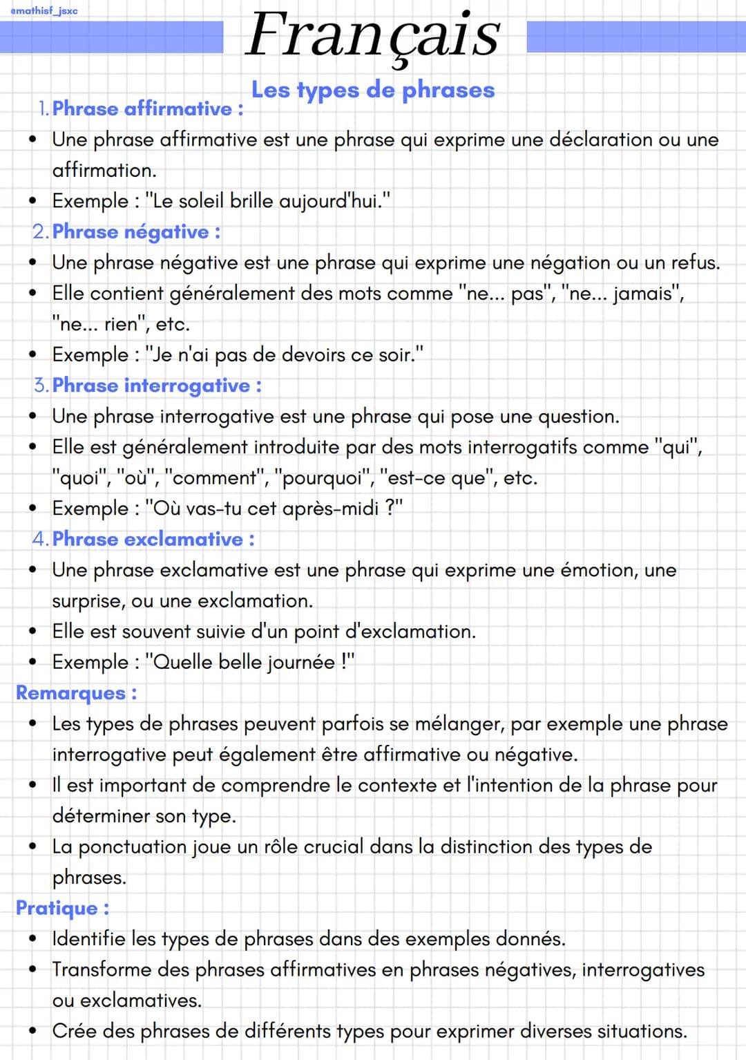 emathisf_jsxc
1. Phrase affirmative :
• Une phrase affirmative est une phrase qui exprime une déclaration ou une
affirmation.
Exemple: "Le s