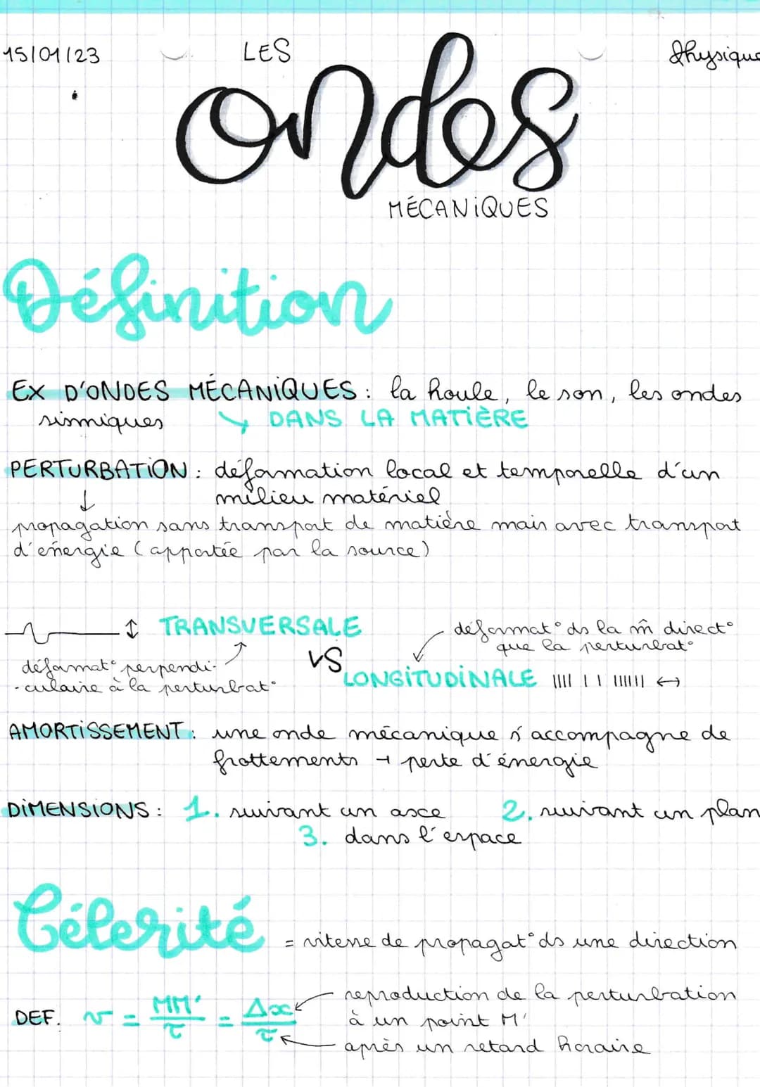 15101123
ondes
Définition
Ex D'ONDES MÉCANIQUES: la houle, le son, les ondes
sismiques
DANS LA MATIÈRE
PERTURBATION: défamation local et tem