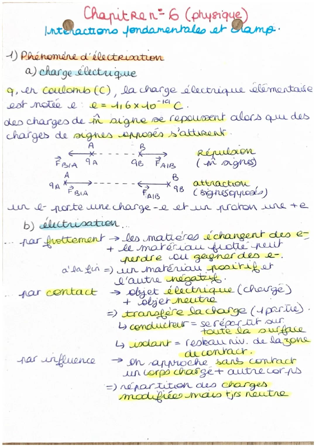 Chapitren = 6 (physique)
Interactions fondamentales et camp.
1) Phénomène d'électrisation
a) charge électrique
9, en Coulomb (C), la charge 