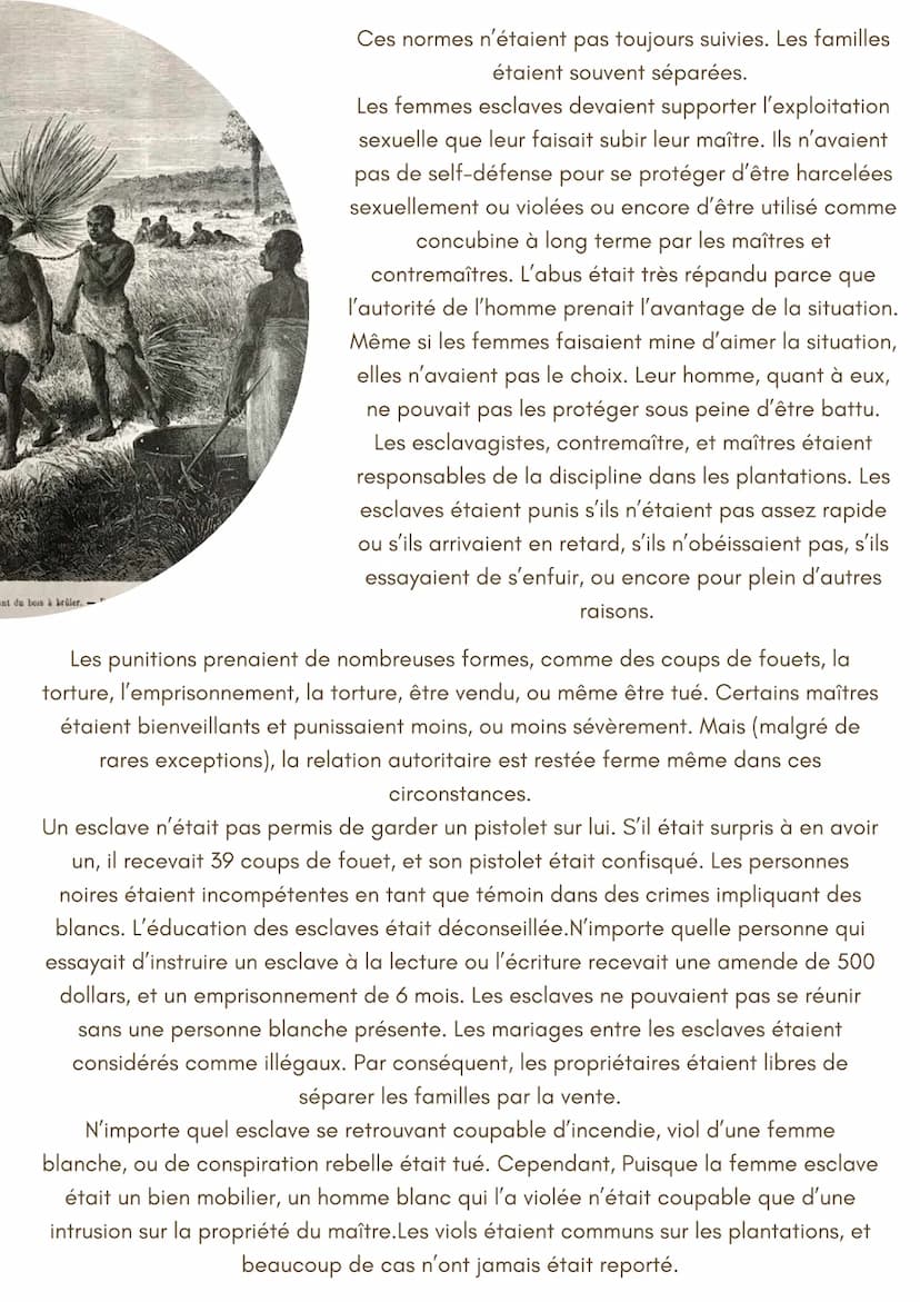 Conditions de vie
des esclaves
Sversion française
La dépendance résultante des esclaves à leurs maîtres pour les premières
nécessités - nour