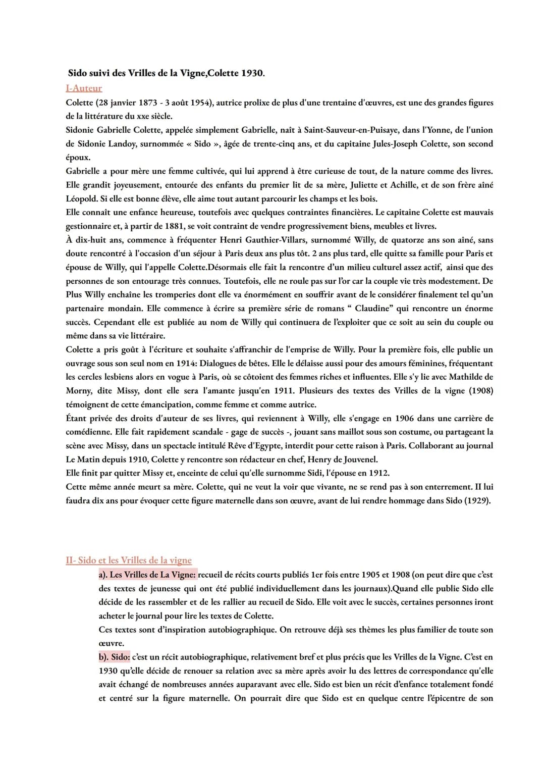 Colette : Sido, Les Vrilles de la vigne - Résumé et Analyse