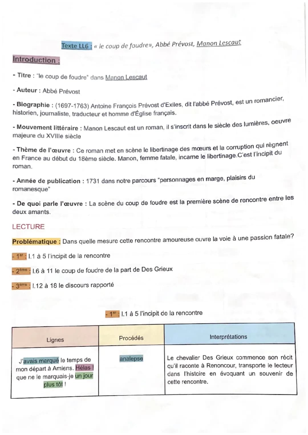 Texte LL6: « le coup de foudre», Abbé Prévost, Manon Lescaut
Introduction
- Titre : "le coup de foudre" dans Manon Lescaut
- Auteur : Abbé P