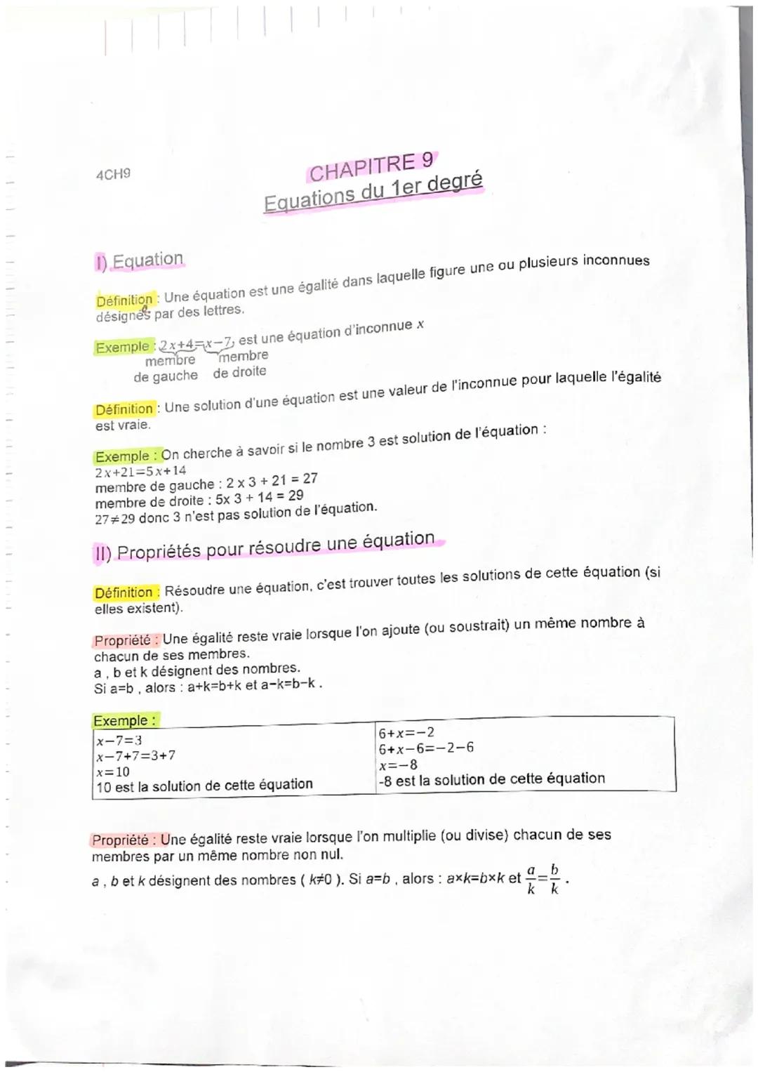 4CH9
CHAPITRE 9
Equations du 1er degré
Equation
Définition: Une équation est une égalité dans laquelle figure une ou plusieurs inconnues
dés