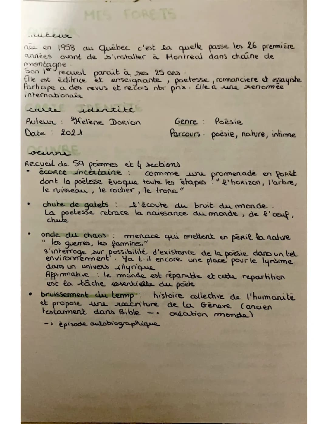 Fiche de révision Hélène Dorion mes forêt 