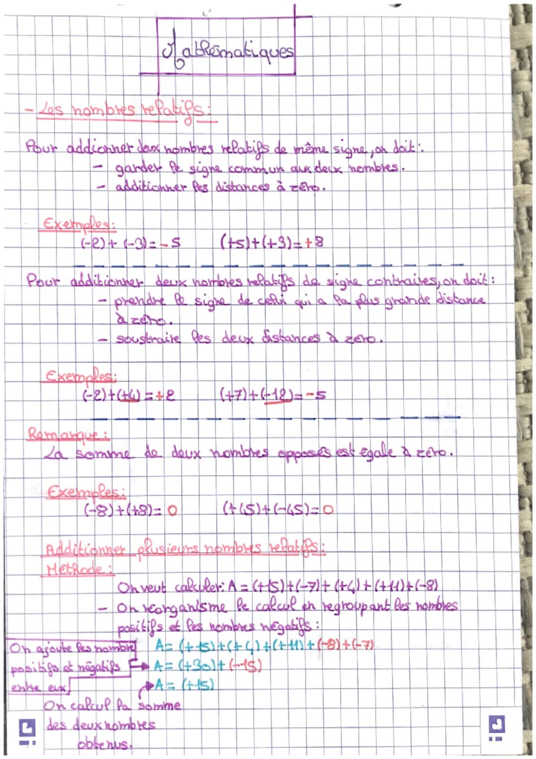 of athématiques
- Les nombres relatifs :
Pour addionner lex nombres relatifs de même signe, on
1
-
doit
garder le signe commun aux deux nomb