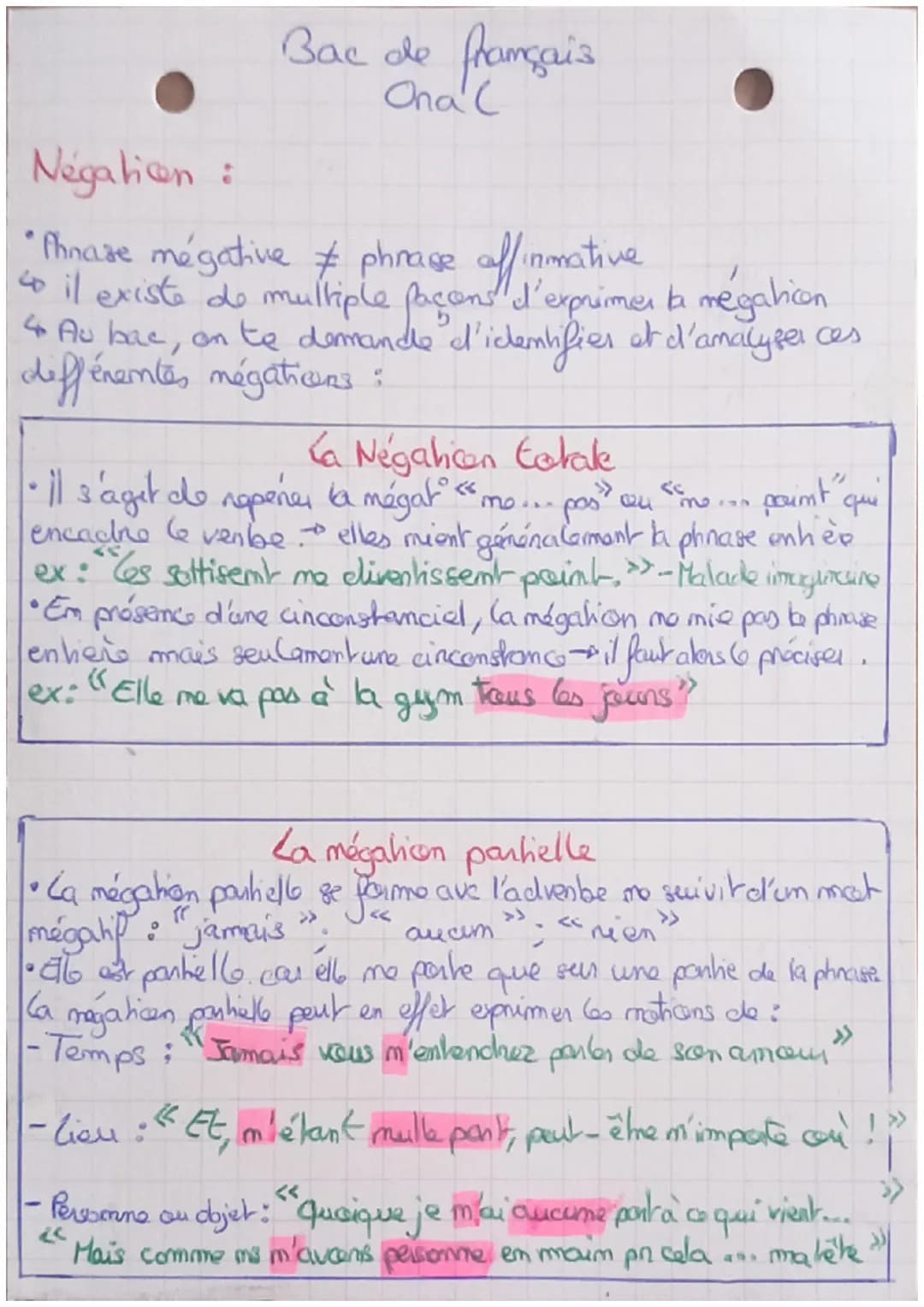 Negation:
Bac de français
Onal
" Phrase mégative # phrase affirmative
co il existe de multiple pacens d'exprimer la megation
4 Au bac, on to