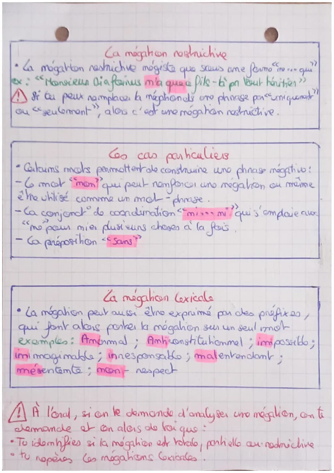 Negation:
Bac de français
Onal
" Phrase mégative # phrase affirmative
co il existe de multiple pacens d'exprimer la megation
4 Au bac, on to