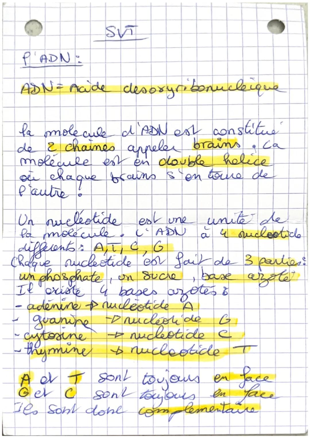 SUIT
P'ADN.
ADN = Acide desoxyribonucleique
la molecule d'ADN est constitue
de 2 chaines appeler brains са
molécule est en double helice
ou 