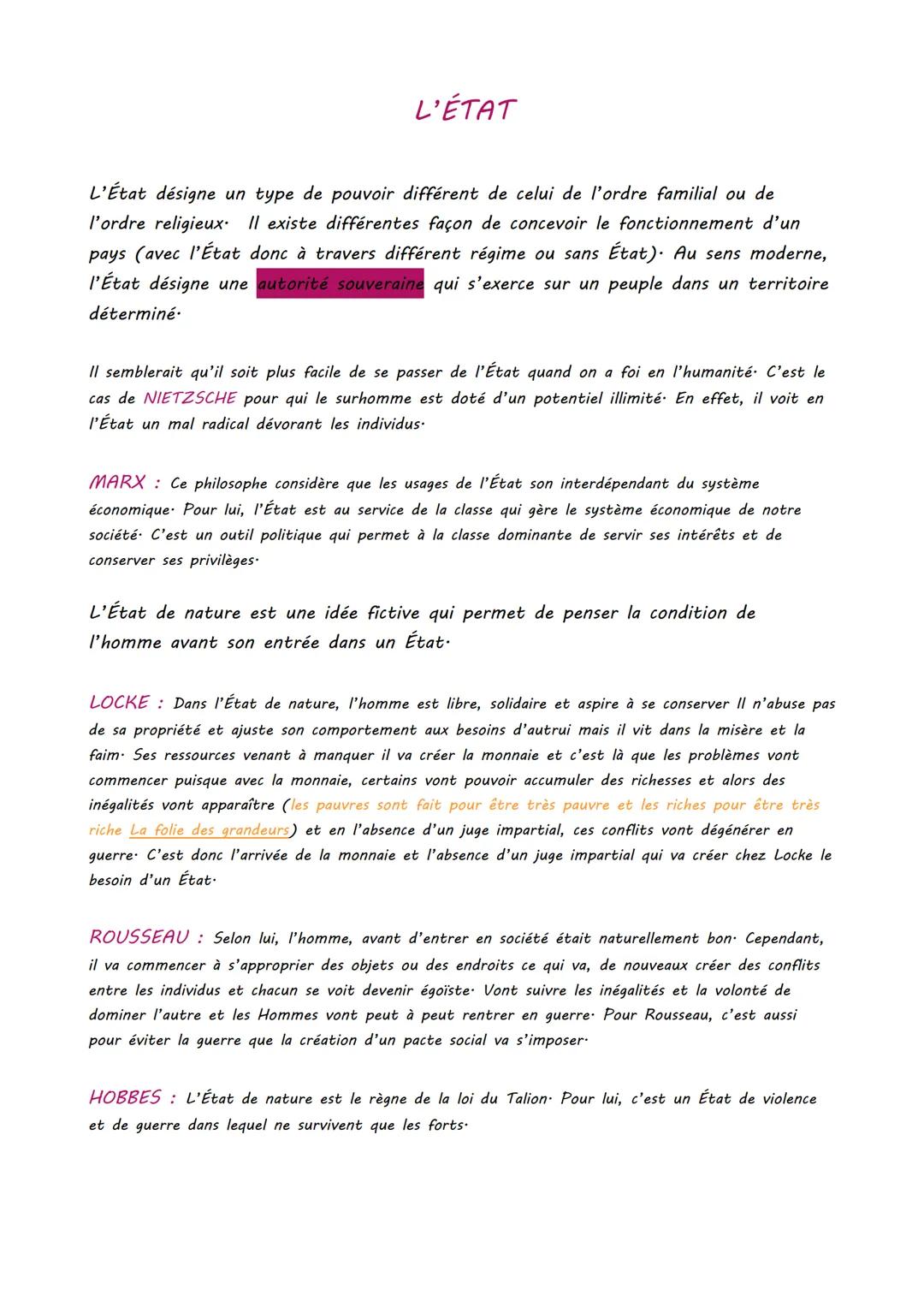 L'ÉTAT
L'État désigne un type de pouvoir différent de celui de l'ordre familial ou de
l'ordre religieux. Il existe différentes façon de conc