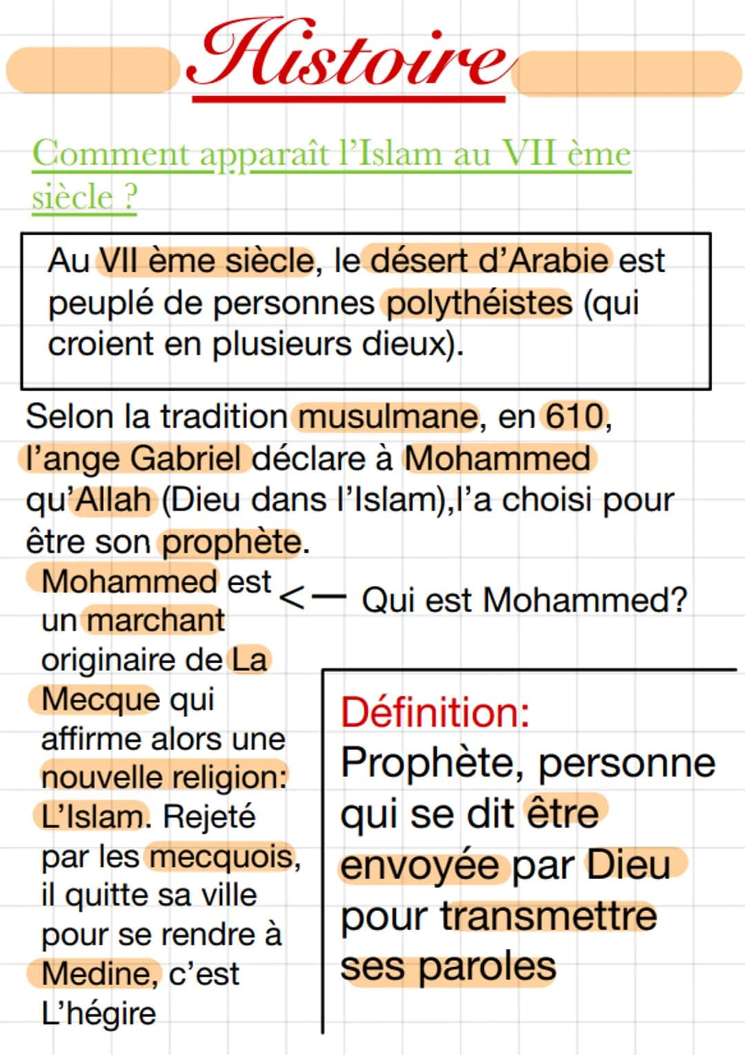 Histoire
Comment apparaît l'Islam au VII ème
siècle ?
Au VII ème siècle, le désert d'Arabie est
peuplé de personnes polythéistes (qui
croien