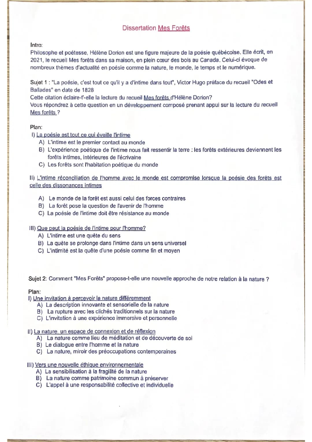 Introduction, sujets et plans de dissertation Mes Forêts 