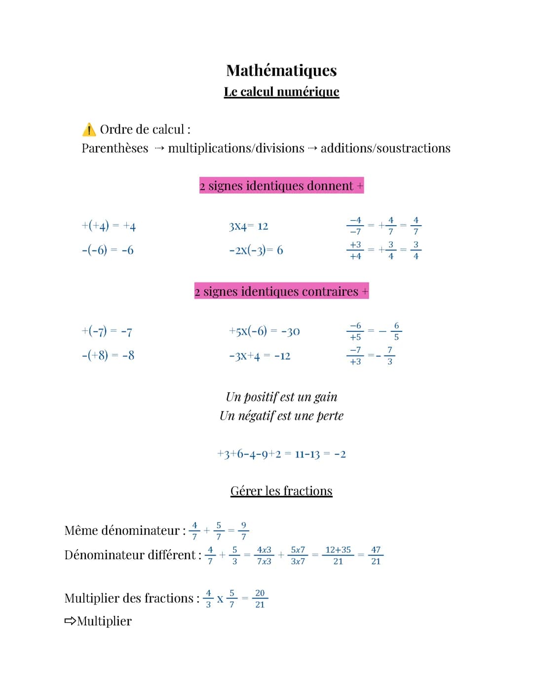 Calcul numérique (signes,fractions,puissances,écriture scientifique)