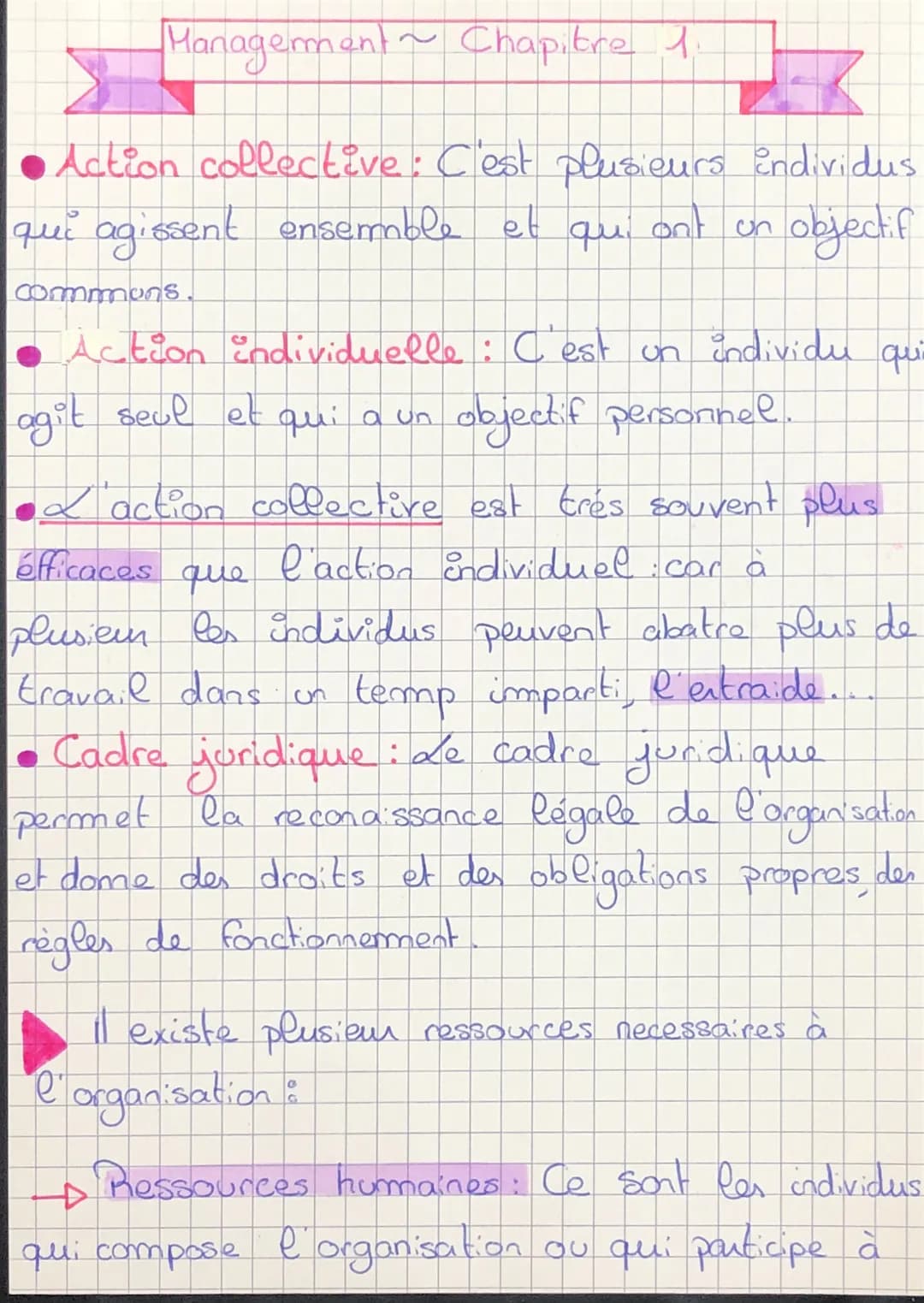 Management~ Chapitre 1
Action collective: C'est plusieurs individus
qui agissent ensemble et
que
ont
objectif
un
commons.
● Action individue