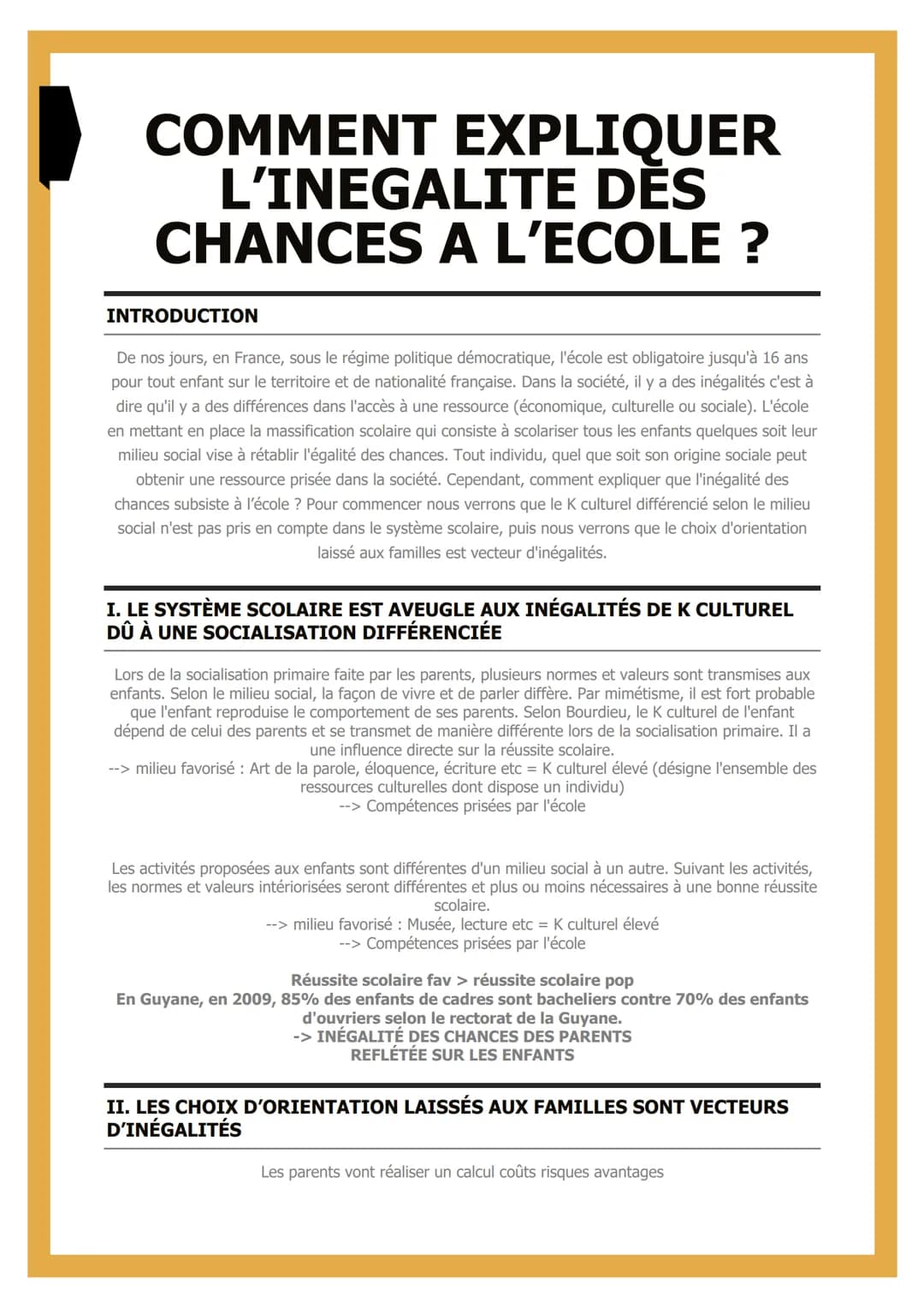 COMMENT EXPLIQUER
L'INEGALITE DÈS
CHANCES A L'ECOLE ?
INTRODUCTION
De nos jours, en France, sous le régime politique démocratique, l'école e