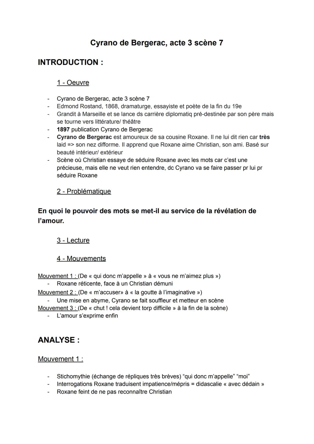 INTRODUCTION :
1 - Oeuvre
Cyrano de Bergerac, acte 3 scène 7
Edmond Rostand, 1868, dramaturge, essayiste et poète de la fin du 19e
Grandit à