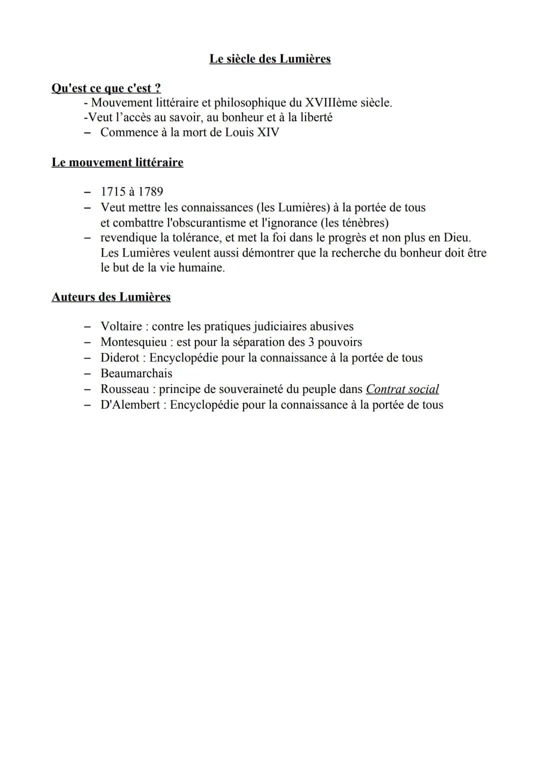 Qu'est ce que c'est ?
-Mouvement littéraire et philosophique du XVIIIème siècle.
-Veut l'accès au savoir, au bonheur et à la liberté
Commenc