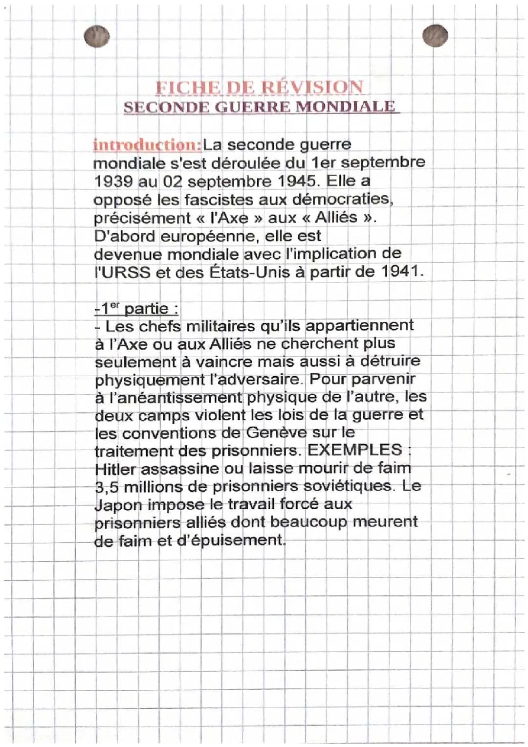  Fiche de révision, seconde guerre mondiale