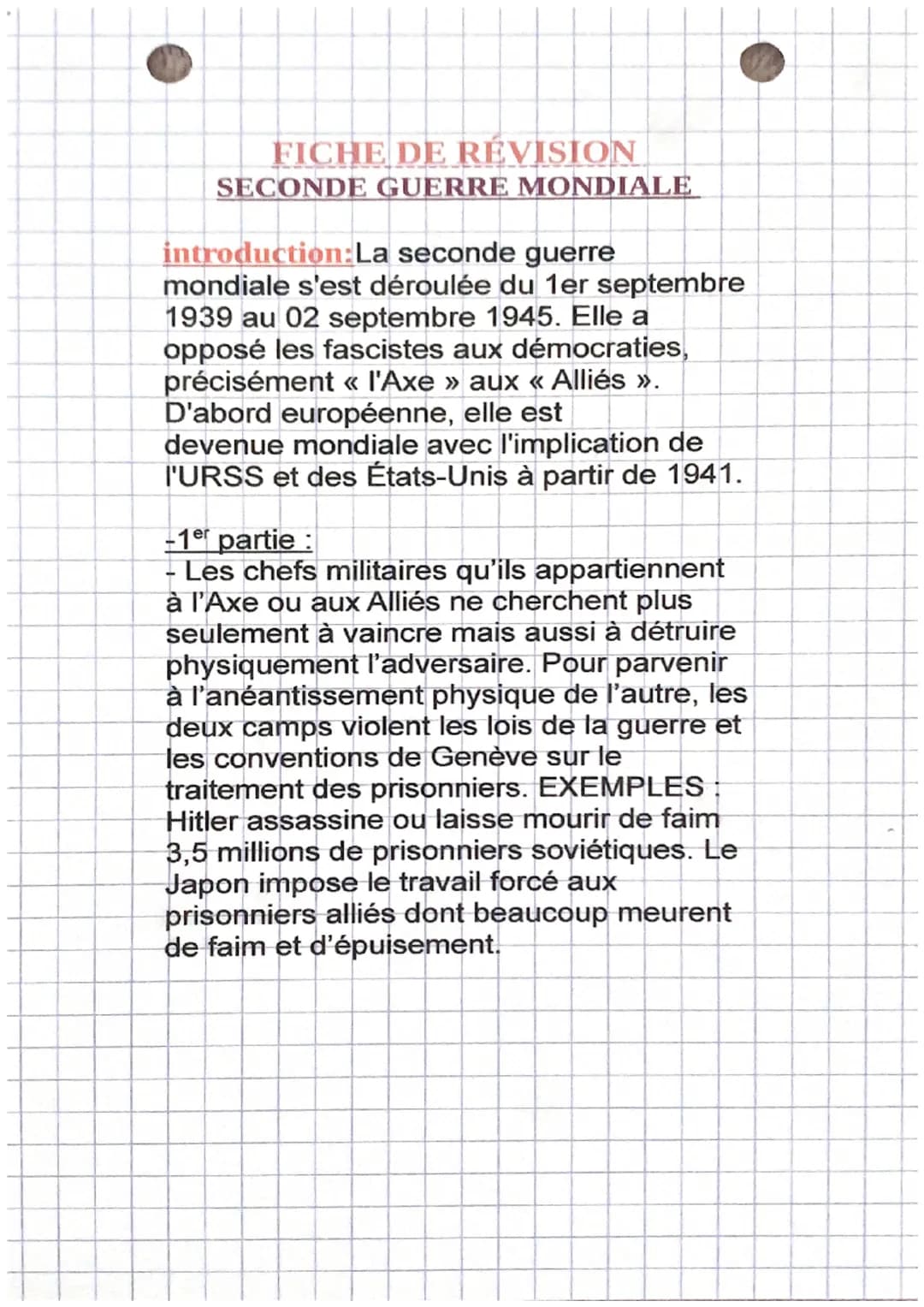 FICHE DE RÉVISION
SECONDE GUERRE MONDIALE
introduction: La seconde guerre
mondiale s'est déroulée du 1er septembre
1939 au 02 septembre 1945