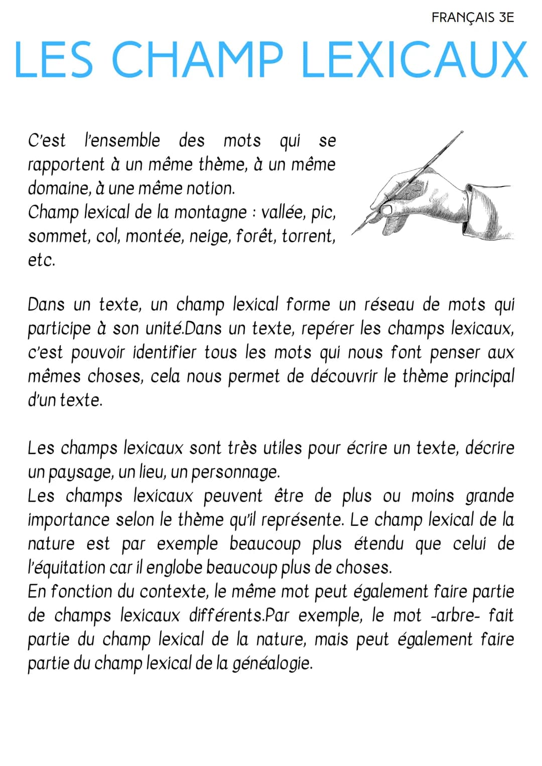 FRANÇAIS 3E
LES CHAMP LEXICAUX
C'est l'ensemble des mots qui se
rapportent à un même thème, à un même
domaine, à une même notion.
Champ lexi